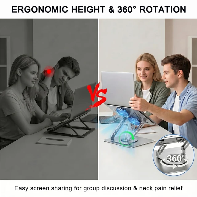 Alt view image 5 of 7 - Laptop Stand with Cooling Fan, 360 Rotating Base Aluminum Laptop Riser, Foldable Ergonomic Computer Stand for Desk, Height Adjustable Notebook for All Laptops up to 17.3" (Silver)