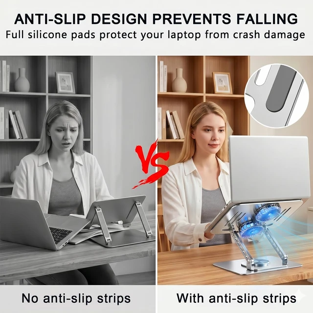 Alt view image 6 of 7 - Laptop Stand with Cooling Fan, 360 Rotating Base Aluminum Laptop Riser, Foldable Ergonomic Computer Stand for Desk, Height Adjustable Notebook for All Laptops up to 17.3" (Silver)
