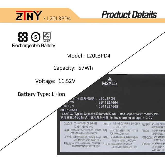 Alt view image 3 of 7 - L20D3PD4 Laptop Battery Replacement for Lenovo ThinkPad E14 E15 Gen 2 3 4 2nd 3rd 4th 2020 2021 2022 Series L20M3PD4 L20L3PD4 L20C3PD4 L19M3PD5 L19L3PD5 L19C3PD5 L19D3PD5 Type 20Y7 20YD 11.52V 57Wh
