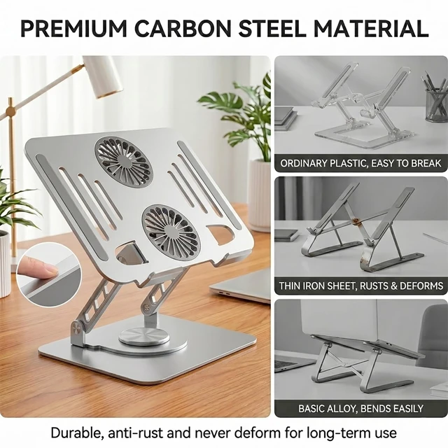 Alt view image 7 of 7 - Laptop Stand with Cooling Fan, 360 Rotating Base Aluminum Laptop Riser, Foldable Ergonomic Computer Stand for Desk, Height Adjustable Notebook for All Laptops up to 17.3" (Silver)