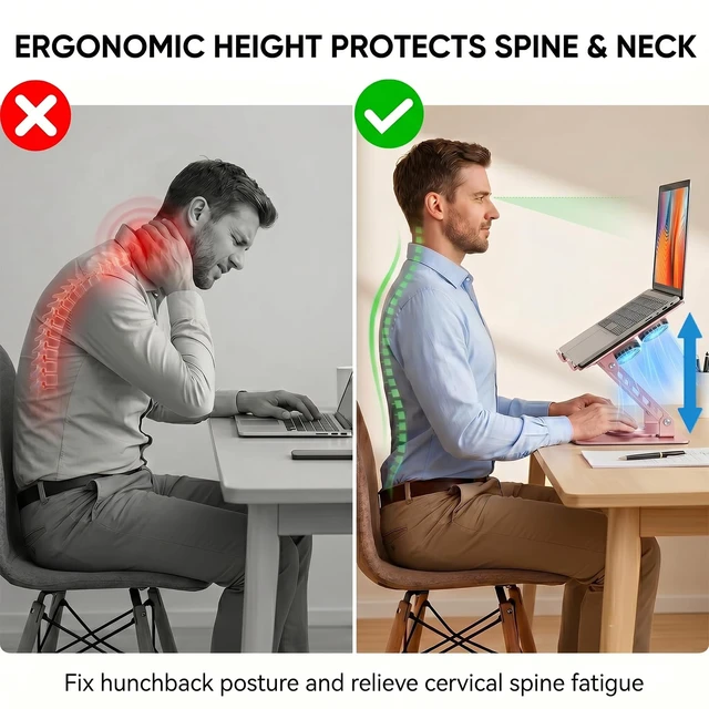 Alt view image 2 of 7 - Laptop Stand with Cooling Fan, 360° Rotating Base Aluminum Laptop Riser, Foldable Ergonomic Computer Stand for Desk, Height Adjustable Notebook & All Laptops Up to 17.3" (Pink)
