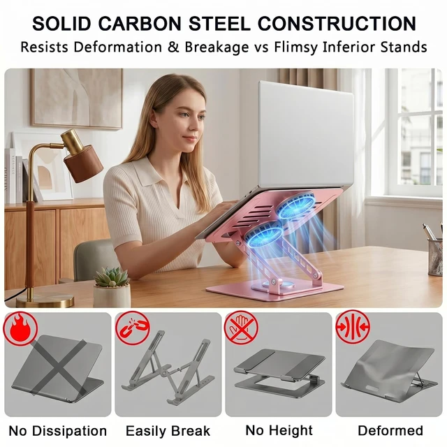 Alt view image 4 of 7 - Laptop Stand with Cooling Fan, 360° Rotating Base Aluminum Laptop Riser, Foldable Ergonomic Computer Stand for Desk, Height Adjustable Notebook & All Laptops Up to 17.3" (Pink)