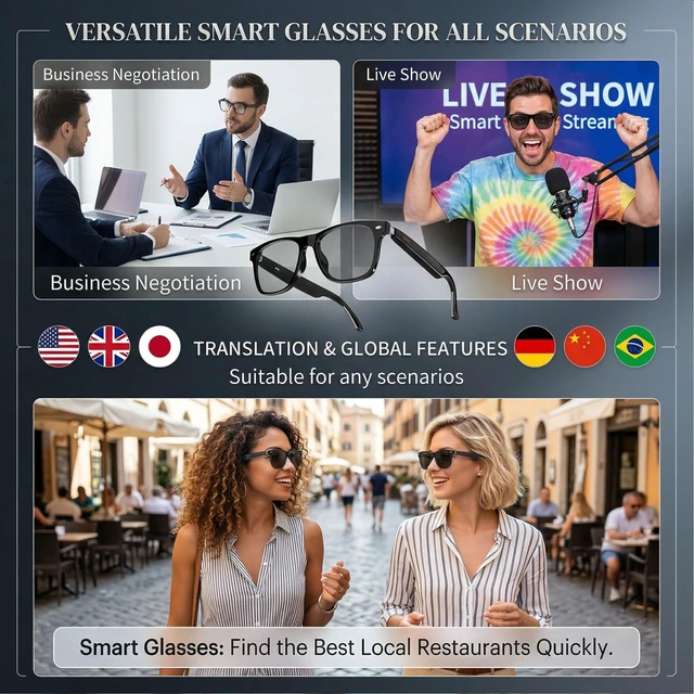 Alt view image 3 of 7 - AI Smart Translation Glasses 164 Language Voice Translator, Open-Ear Bluetooth with Speakers, Photochromic Lenses, Lightweight 170mAh Battery