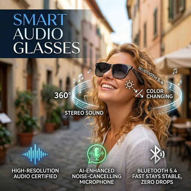 Alt view image 4 of 7 - AI Smart Translation Glasses 164 Language Voice Translator, Open-Ear Bluetooth with Speakers, Photochromic Lenses, Lightweight 170mAh Battery