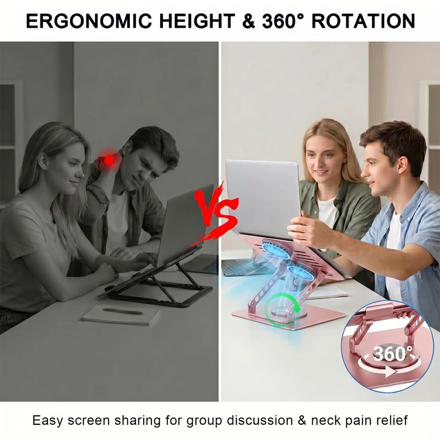 Alt view image 5 of 7 - Laptop Stand with Cooling Fan, 360° Rotating Base Aluminum Laptop Riser, Foldable Ergonomic Computer Stand for Desk, Height Adjustable Notebook & All Laptops Up to 17.3" (Pink)
