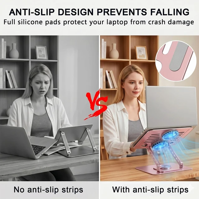 Alt view image 6 of 7 - Laptop Stand with Cooling Fan, 360° Rotating Base Aluminum Laptop Riser, Foldable Ergonomic Computer Stand for Desk, Height Adjustable Notebook & All Laptops Up to 17.3" (Pink)