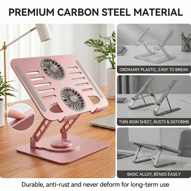 Alt view image 7 of 7 - Laptop Stand with Cooling Fan, 360° Rotating Base Aluminum Laptop Riser, Foldable Ergonomic Computer Stand for Desk, Height Adjustable Notebook & All Laptops Up to 17.3" (Pink)