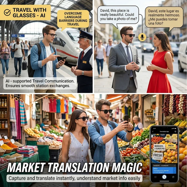 Alt view image 7 of 7 - AI Smart Translation Glasses 164 Language Voice Translator, Open-Ear Bluetooth with Speakers, Photochromic Lenses, Lightweight 170mAh Battery