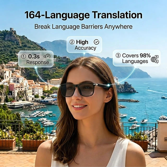Alt view image 3 of 7 - AI Smart Translation Glasses 164 Language Voice Translator, Open-Ear Bluetooth with Speakers, Lightweight 170mAh Battery, For Men Women Travel and Work