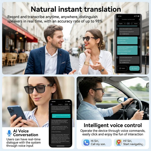 Alt view image 7 of 7 - AI Smart Translation Glasses 164 Language Voice Translator, Open-Ear Bluetooth with Speakers, Lightweight 170mAh Battery, For Men Women Travel and Work