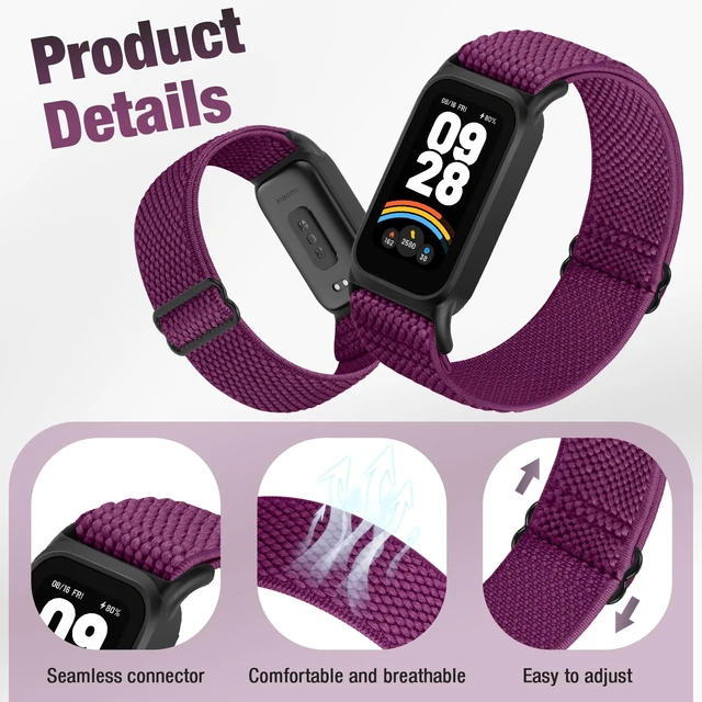 Alt view image 2 of 7 - 2 Pack Elastic Bands Compatible with Xiaomi Smart Band 9 Active Women Men, Soft Nylon Replacement Sport Wriststrap for Redmi Band 3