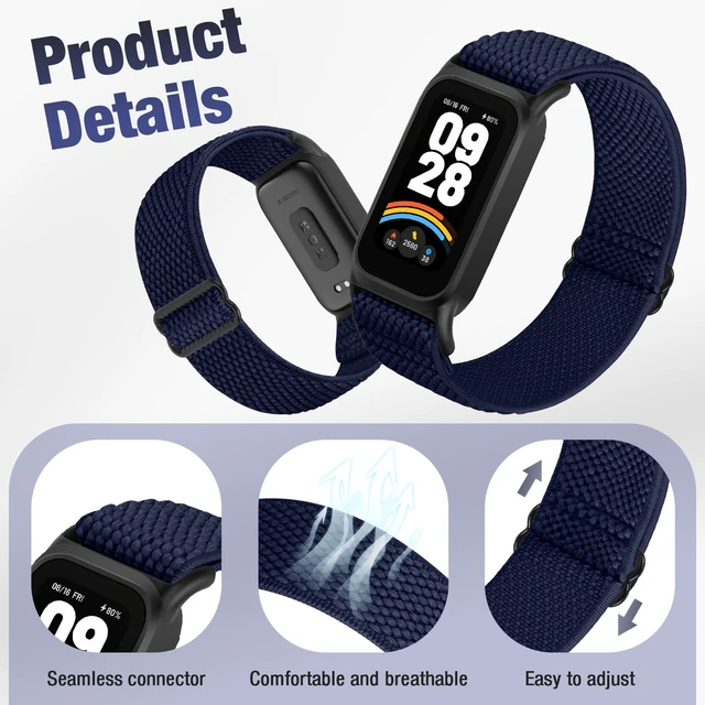 Alt view image 2 of 7 - 2 Pack Elastic Bands Compatible with Xiaomi Smart Band 9 Active Women Men, Soft Nylon Replacement Sport Wriststrap for Redmi Band 3