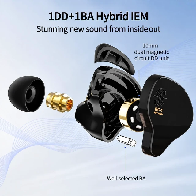 Alt view image 2 of 7 - CCZ Melody in Ear Monitors, Dynamic Hybrid Dual Driver in Ear Headphones 1BA+1DD HiFi Wired Headphones Musicians IEM Upgrade Deep Bass Suitable for Audiophile Musician(No MIC, Black)