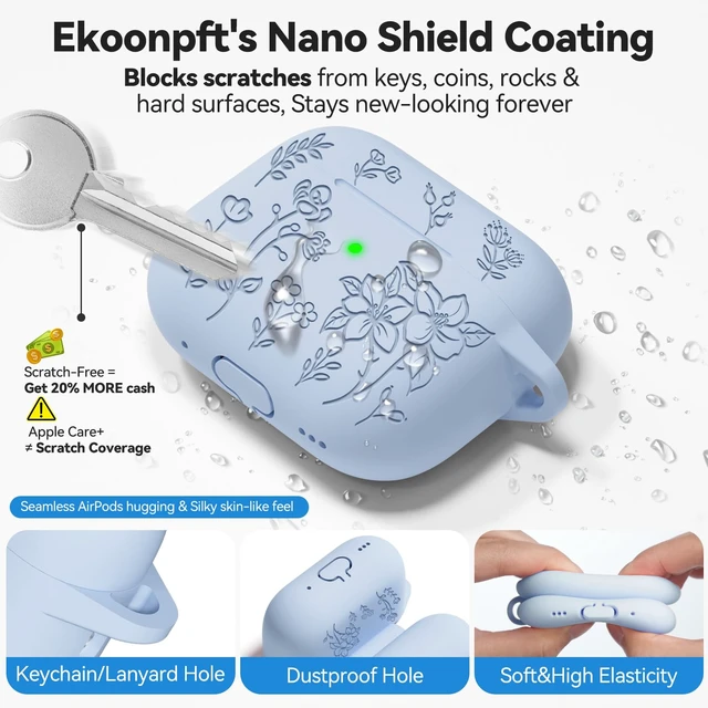Alt view image 4 of 7 - Flower Engraved Case for AirPods 5/4 Cover (2026/2024), Soft Silicone Case with Cleaner & Keychain for AirPods 5/4th Generation, for Women Girly, Anti-Scratch, Drop Protection
