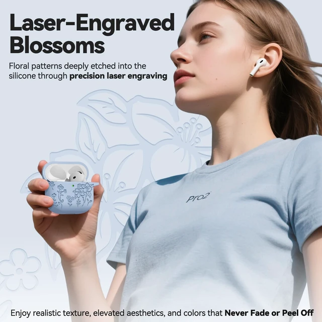 Alt view image 5 of 7 - Flower Engraved Case for AirPods 5/4 Cover (2026/2024), Soft Silicone Case with Cleaner & Keychain for AirPods 5/4th Generation, for Women Girly, Anti-Scratch, Drop Protection