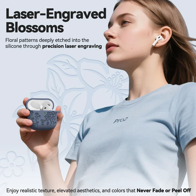 Alt view image 5 of 7 - Flower Engraved Case for AirPods 5/4 Cover (2026/2024), Soft Silicone Case with Cleaner & Keychain for AirPods 5/4th Generation, for Women Girly, Anti-Scratch, Drop Protection