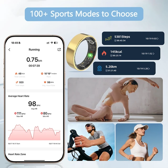 Alt view image 4 of 7 - Smart Ring for Women Men, Health Fitness Sleep Tracker (Gold, 8) 5ATM & No Subscription Fee, Heart Rate, Women's Health, Stress Monitoring, iOS & Android