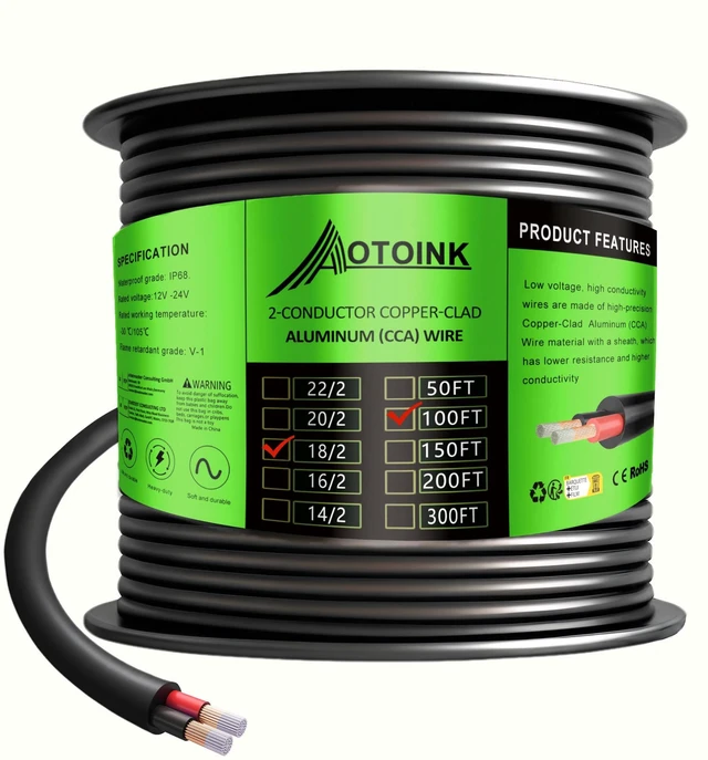Main image of 100 Feet 18 Gauge 2 Conductors Electrical Wire Extension Cable 18/2 CCA 18 AWG for Speaker,LED Strips,Automotive,Lamps