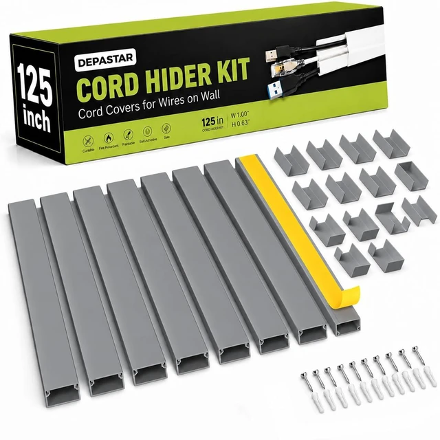 Main image of 125 Cord Hider Kit, Gray Cable Raceway for Wall Mounted TV Wires, Wire Cover with Adhesive Tape, Screws and Connectors for Home Office Cord Management