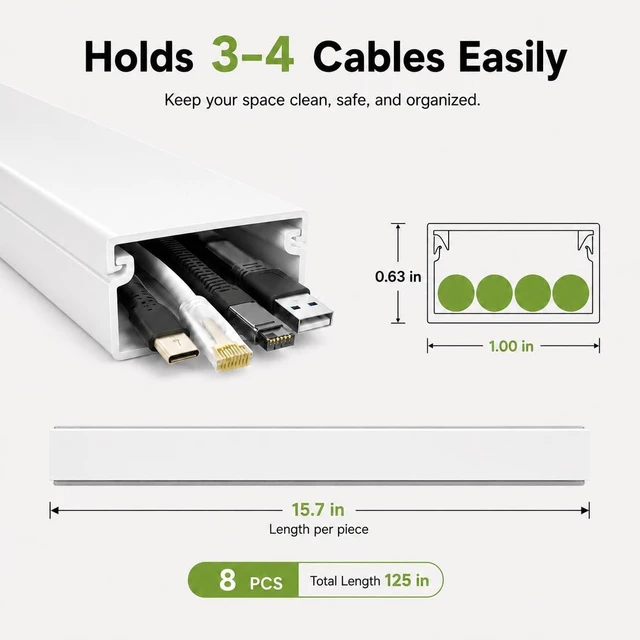 Alt view image 3 of 7 - 125 Cord Hider Kit, White Cable Raceway for Wall Mounted TV Wires, Paintable Wire Cover with Adhesive Tape, Screws and Connectors