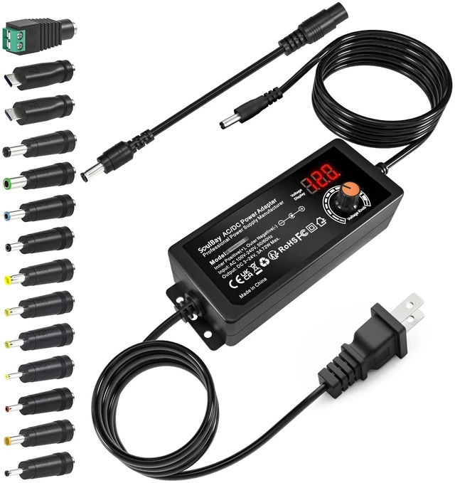 Main image of 72W Universal Power Supply, 3V-24V 3A, Volt Display, 14 Tips Adjustable AC/DC Adapter, Reverse Polarity Cable, 3000mA Max, For Household Electronics, LED Strips, Routers, Cameras