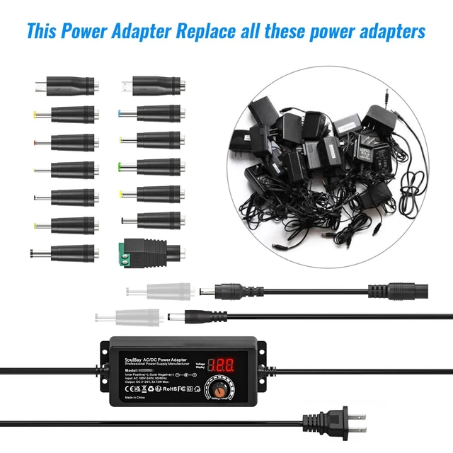 Alt view image 2 of 7 - 72W Universal Power Supply, 3V-24V 3A, Volt Display, 14 Tips Adjustable AC/DC Adapter, Reverse Polarity Cable, 3000mA Max, For Household Electronics, LED Strips, Routers, Cameras