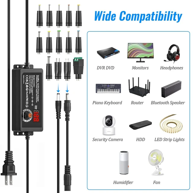 Alt view image 3 of 7 - 72W Universal Power Supply, 3V-24V 3A, Volt Display, 14 Tips Adjustable AC/DC Adapter, Reverse Polarity Cable, 3000mA Max, For Household Electronics, LED Strips, Routers, Cameras