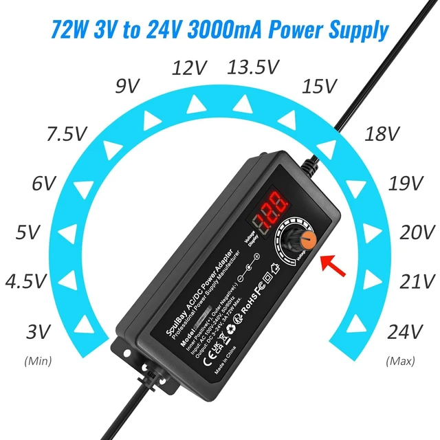 Alt view image 5 of 7 - 72W Universal Power Supply, 3V-24V 3A, Volt Display, 14 Tips Adjustable AC/DC Adapter, Reverse Polarity Cable, 3000mA Max, For Household Electronics, LED Strips, Routers, Cameras