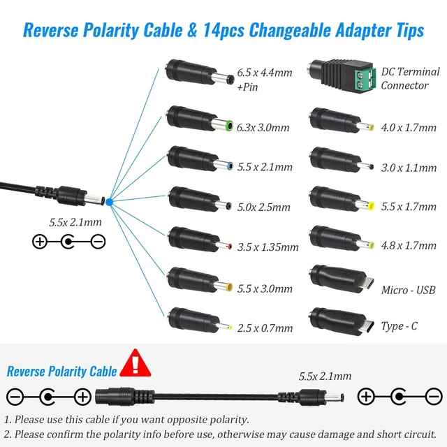 Alt view image 6 of 7 - 72W Universal Power Supply, 3V-24V 3A, Volt Display, 14 Tips Adjustable AC/DC Adapter, Reverse Polarity Cable, 3000mA Max, For Household Electronics, LED Strips, Routers, Cameras