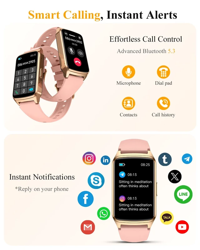 Alt view image 2 of 7 - Fitness Smart Watch for Women Men, Step Counter for iOS iPhone Android with Sleep Calorie Monitor, Daily Activity Workout Tracker, IP68 Waterproof, 110+Sport Modes Smartwatch (Pink/Gold Frame)