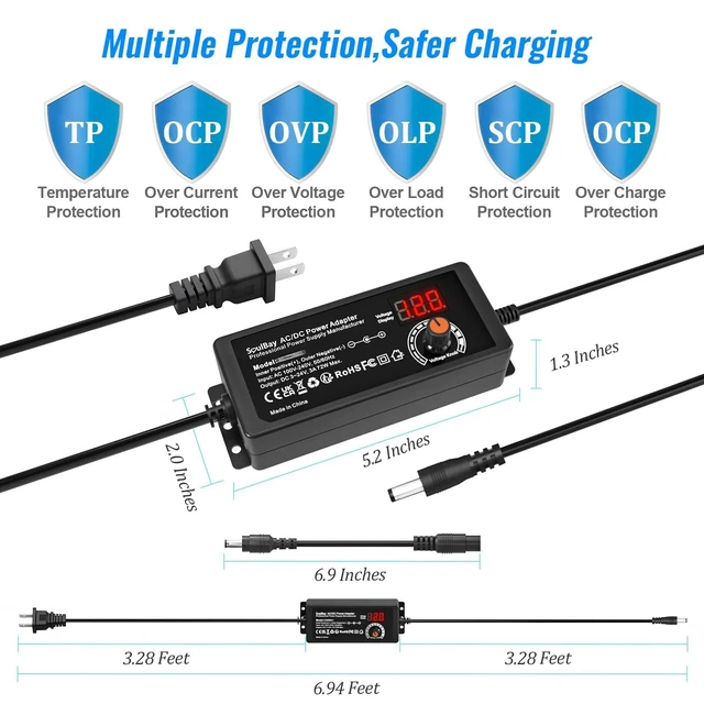 Alt view image 7 of 7 - 72W Universal Power Supply, 3V-24V 3A, Volt Display, 14 Tips Adjustable AC/DC Adapter, Reverse Polarity Cable, 3000mA Max, For Household Electronics, LED Strips, Routers, Cameras