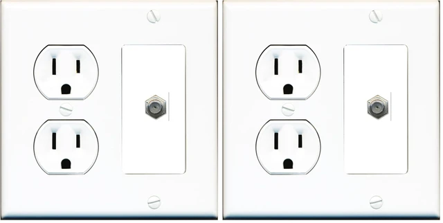 Main image of (2 Gang Decorative) 15 Amp Round Power Outlet Coax Cable TV Wall Plate - White (Pack of 2)