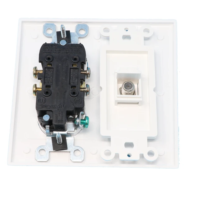 Alt view image 2 of 2 - (2 Gang Decorative) 15 Amp Round Power Outlet Coax Cable TV Wall Plate - White (Pack of 2)
