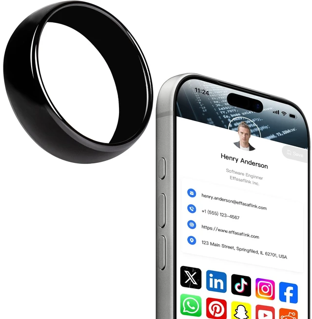 Main image of Digital Business Card Ring, NFC Ring, Tap to Share Online Profile(#8) Customizable profile for contact details, social links, websites and email, Compatible with iPhone & Android