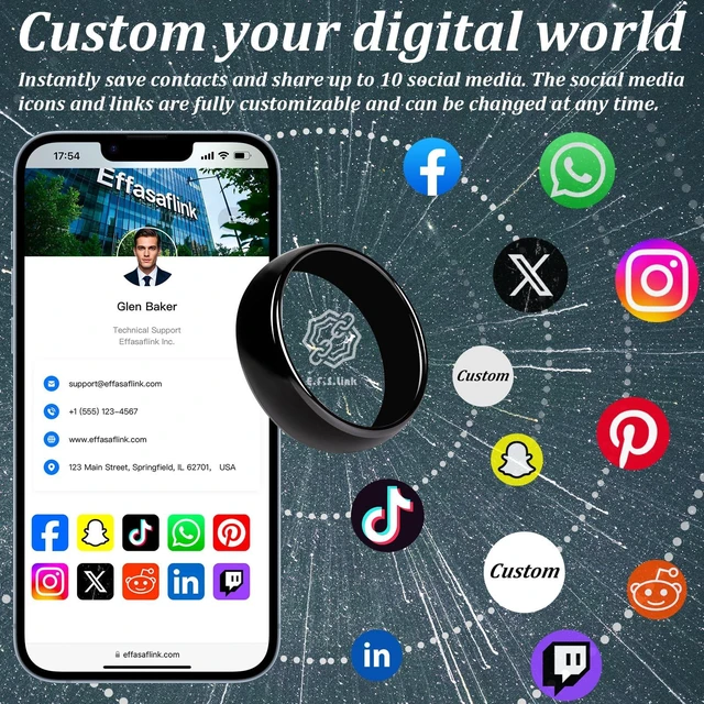 Alt view image 3 of 6 - Digital Business Card Ring, NFC Ring, Tap to Share Online Profile(#8) Customizable profile for contact details, social links, websites and email, Compatible with iPhone & Android