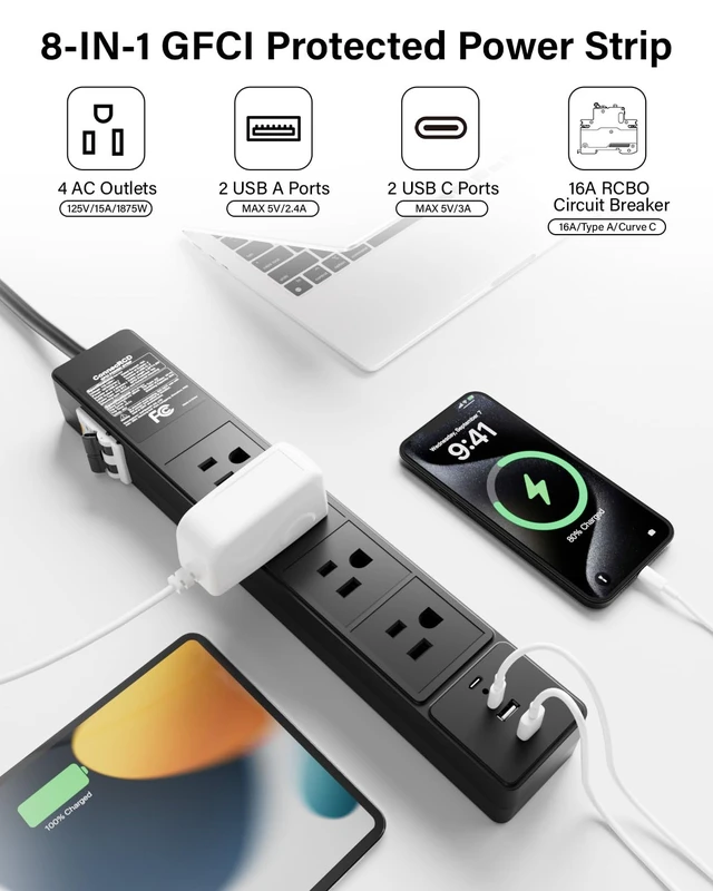 Alt view image 2 of 7 - GFCI Power Strip with 4 Outlets & 4 USB Ports (2 USB-C), 6FT Heavy Duty Surge Protected Extension Cord, 15A/1875W, Wall Mountable Outlet Extender for Garden, Office, Pressure Washer, Lawn