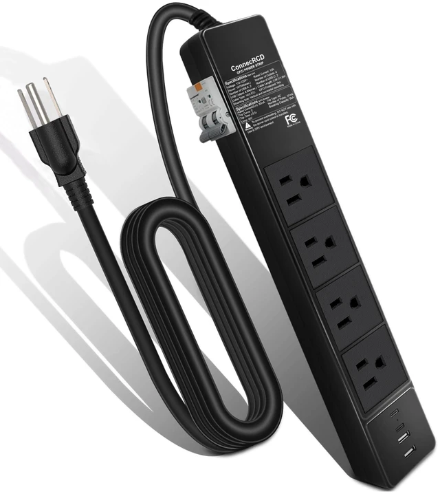 Main image of GFCI Power Strip with 4 Outlets & 4 USB Ports (2 USB-C), 6FT Heavy Duty Surge Protected Extension Cord, 15A/1875W, Wall Mountable Outlet Extender for Garden, Office, Pressure Washer, Lawn