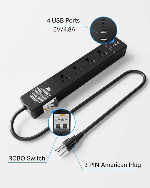 Alt view image 4 of 7 - GFCI Power Strip with 4 Outlets & 4 USB Ports (2 USB-C), 6FT Heavy Duty Surge Protected Extension Cord, 15A/1875W, Wall Mountable Outlet Extender for Garden, Office, Pressure Washer, Lawn