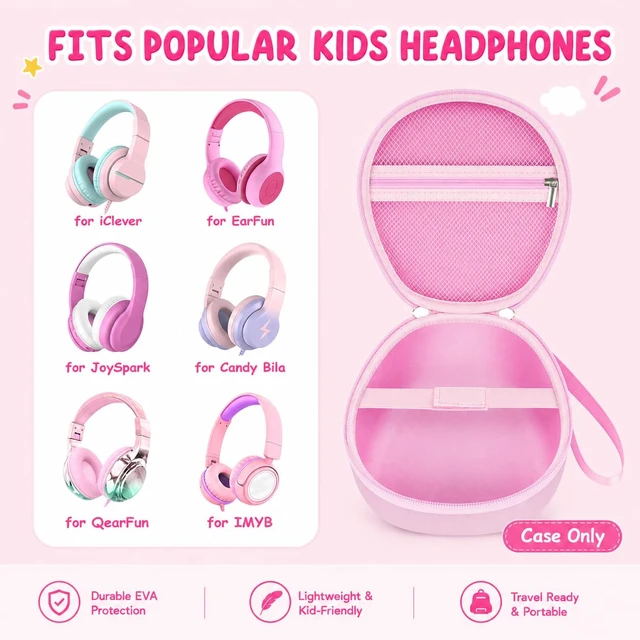 Alt view image 2 of 7 - Hard Shell Kids Headphone Case for iClever for EarFun, Pink Protective Case With Cable Pocket and Handle for Foldable Kids Headphones for Home and Travel, Box Only
