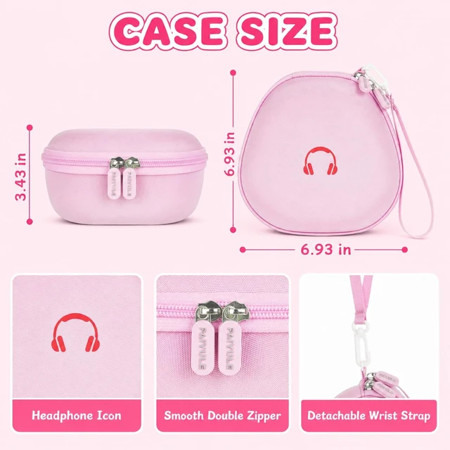 Alt view image 3 of 7 - Hard Shell Kids Headphone Case for iClever for EarFun, Pink Protective Case With Cable Pocket and Handle for Foldable Kids Headphones for Home and Travel, Box Only