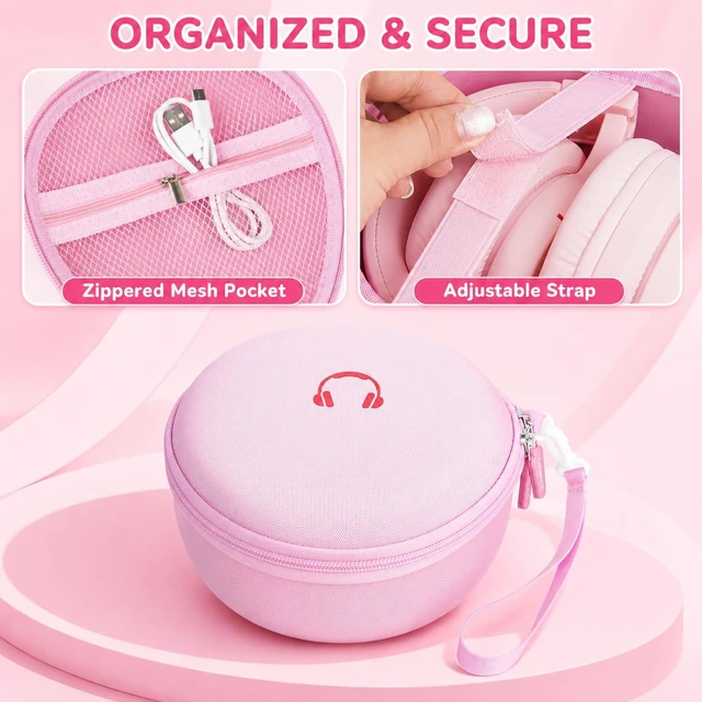 Alt view image 4 of 7 - Hard Shell Kids Headphone Case for iClever for EarFun, Pink Protective Case With Cable Pocket and Handle for Foldable Kids Headphones for Home and Travel, Box Only