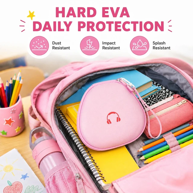 Alt view image 5 of 7 - Hard Shell Kids Headphone Case for iClever for EarFun, Pink Protective Case With Cable Pocket and Handle for Foldable Kids Headphones for Home and Travel, Box Only