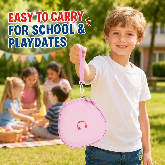 Alt view image 6 of 7 - Hard Shell Kids Headphone Case for iClever for EarFun, Pink Protective Case With Cable Pocket and Handle for Foldable Kids Headphones for Home and Travel, Box Only