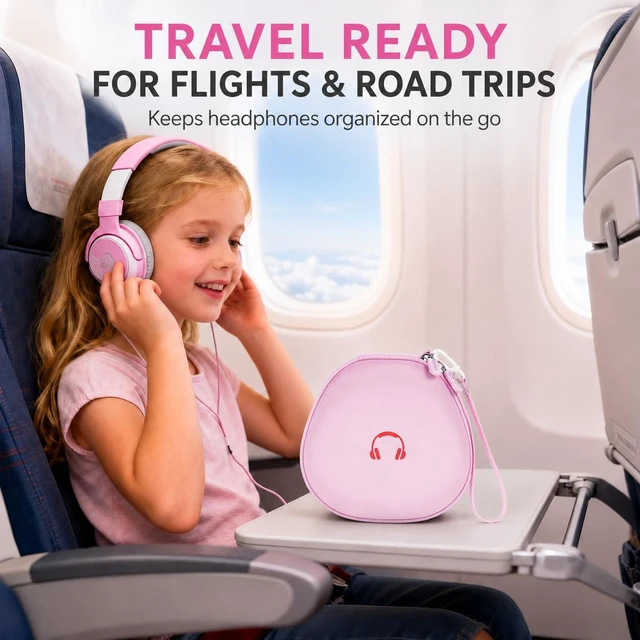 Alt view image 7 of 7 - Hard Shell Kids Headphone Case for iClever for EarFun, Pink Protective Case With Cable Pocket and Handle for Foldable Kids Headphones for Home and Travel, Box Only