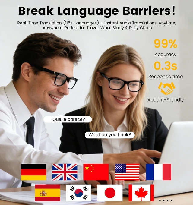 Alt view image 2 of 7 - AI Smart Bluetooth Glasses for Men and Women with Translation Real-time translation (115 languages), Glasses with speakers, Hands-free calls, Blue-light protection, for iOS/Android