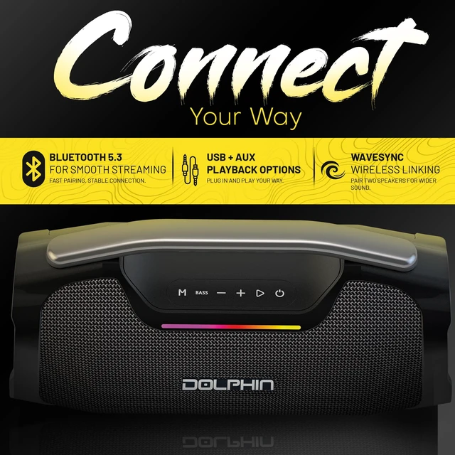 Alt view image 2 of 7 - LX-440 Portable Bluetooth Party Speaker, Black 55W RMS, Deep Bass, RGB LED Lights, Bluetooth 5.3, USB-C Rechargeable, WaveSync Pairing, AUX, USB Playback, 1/4" Mic Input