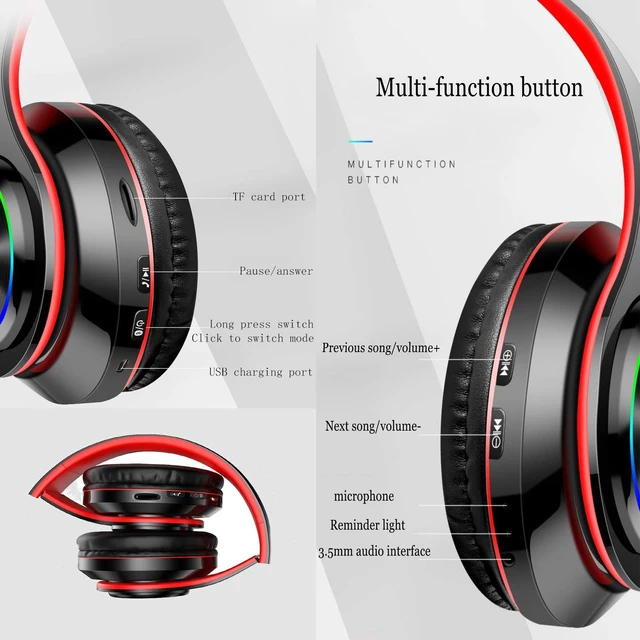 Alt view image 4 of 7 - Wireless Bluetooth Headphones with Colorful LED Lights, Black Red HiFi Stereo Sound,Light Weight,Foldable,Colorful Backlit,Rechageable,Over Ear Headset for PC/Travel/Class/Office/Kids/Adult