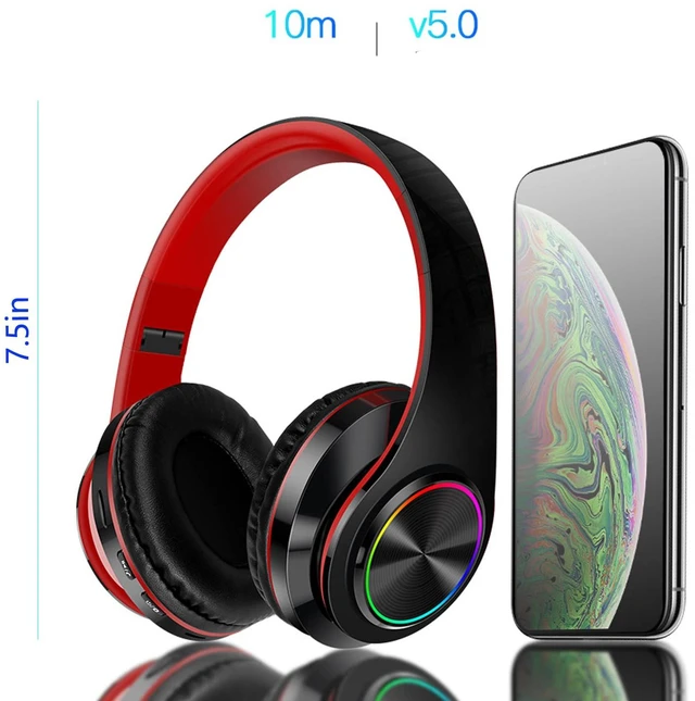 Alt view image 5 of 7 - Wireless Bluetooth Headphones with Colorful LED Lights, Black Red HiFi Stereo Sound,Light Weight,Foldable,Colorful Backlit,Rechageable,Over Ear Headset for PC/Travel/Class/Office/Kids/Adult