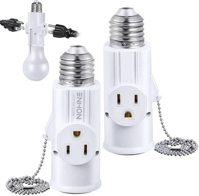 Main image of 3 Prong E26 Light Socket to Plug Adapter (White,2 Pack) Supports 2 and 3 Prong Plugs, Pull Chain Switch Control, PBT 165 C Heat Resistant Lamp, Fits Garage Porch CCTV Camera
