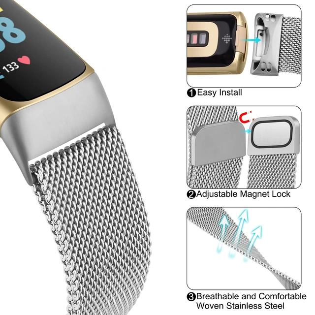 Alt view image 3 of 7 - for Fitbit Charge 6 Bands Women Men, Stainless Steel Metal Mesh Loop Adjustable Magnetic Wristband Replacement Straps Compatible with Fitbit Charge 6 Fitness Tracker